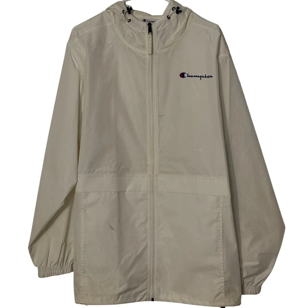 Champion‎ Mens White Full Zip Hooded Windbreaker Jacket V1015 Large